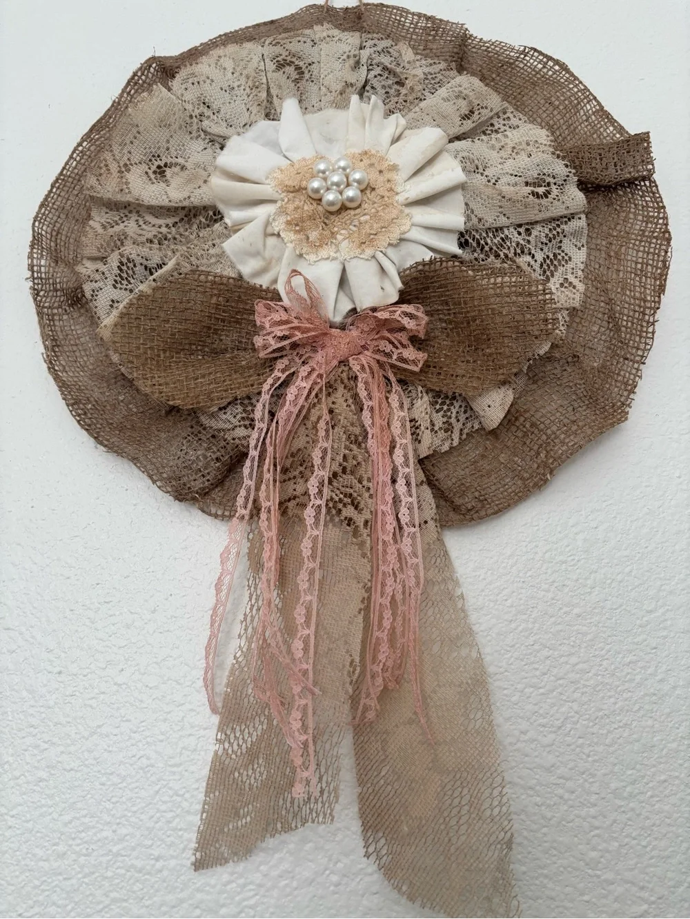 Rustic Farmhouse Burlap Lace Wall Rosette w/ Dusty Vintage Pink Bow Final Sale